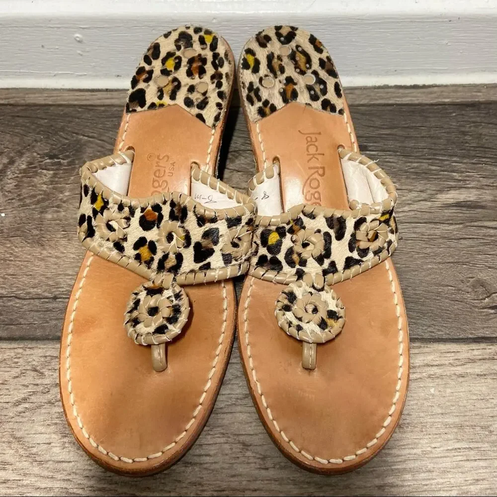 Jack Rogers Jacks Sandals Haircalf Flat Padded Thong 1/2” Heel Leopard Print 8